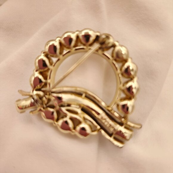 Vintage Lisner Gold-Tone Pearl & Amber Rhinestone Circle Brooch Formal MCM Fall - Picture 2 of 4